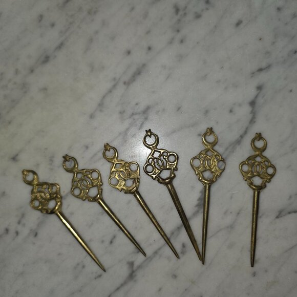 Vintage Brass Filigree Hair Pins Set of 6 Ornate Bun Hair Sticks Boho Victorian main image 6
